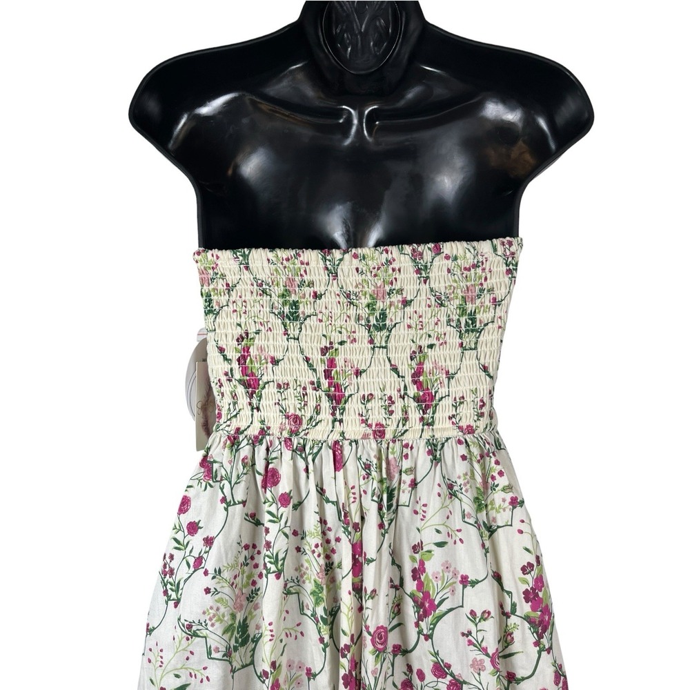 NWT Jessica Simpson Sz XS Dress Midi Floral Cream Pink Green Smocked Basque New - Picture 5 of 13